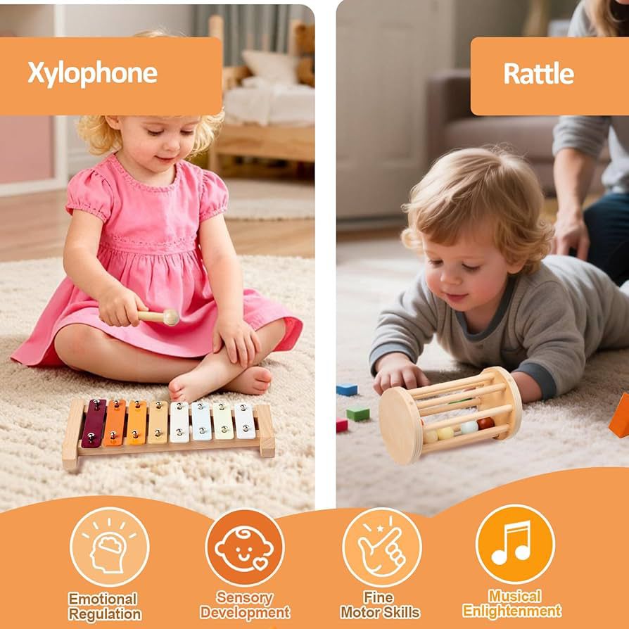 Set Montessori 6-în-1 din Lemn - Girafă, Xilofon, Turn Stivuit și Sortator