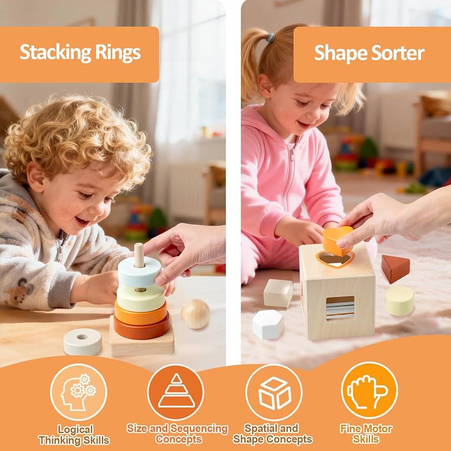 Set Montessori 6-în-1 din Lemn - Girafă, Xilofon, Turn Stivuit și Sortator