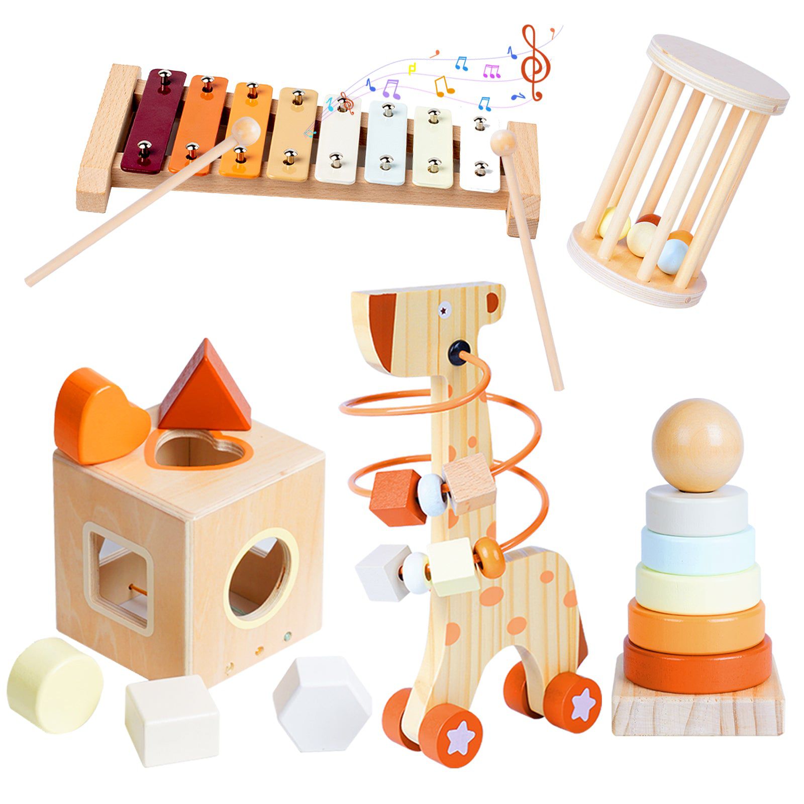 Set Montessori 6-în-1 din Lemn - Girafă, Xilofon, Turn Stivuit și Sortator