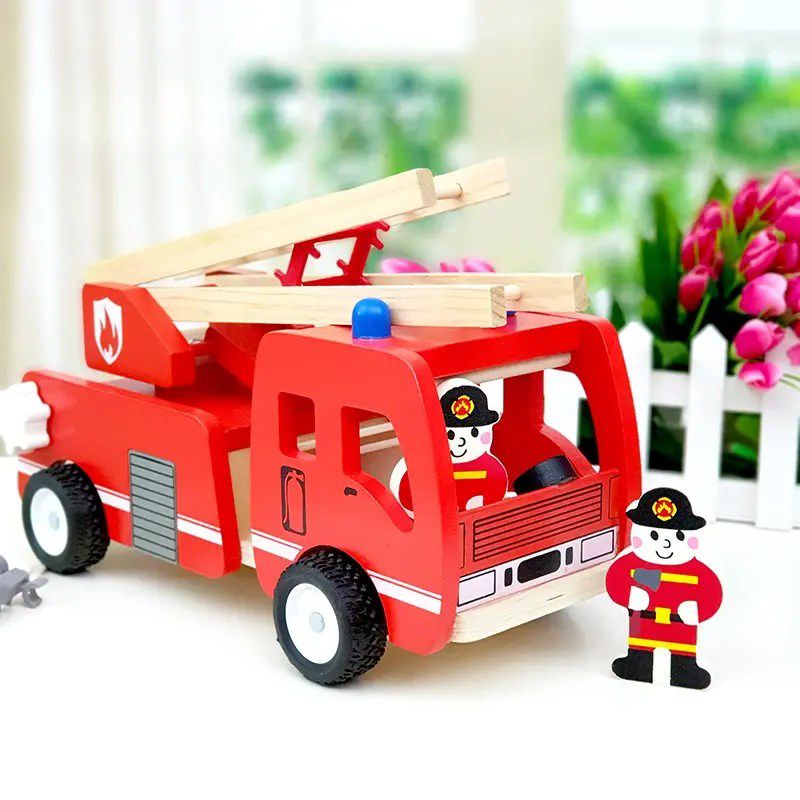 Mașină de Pompieri din Lemn cu Scară Extensibilă și Figurine