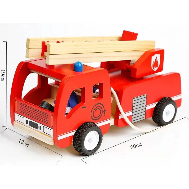 Mașină de Pompieri din Lemn cu Scară Extensibilă și Figurine