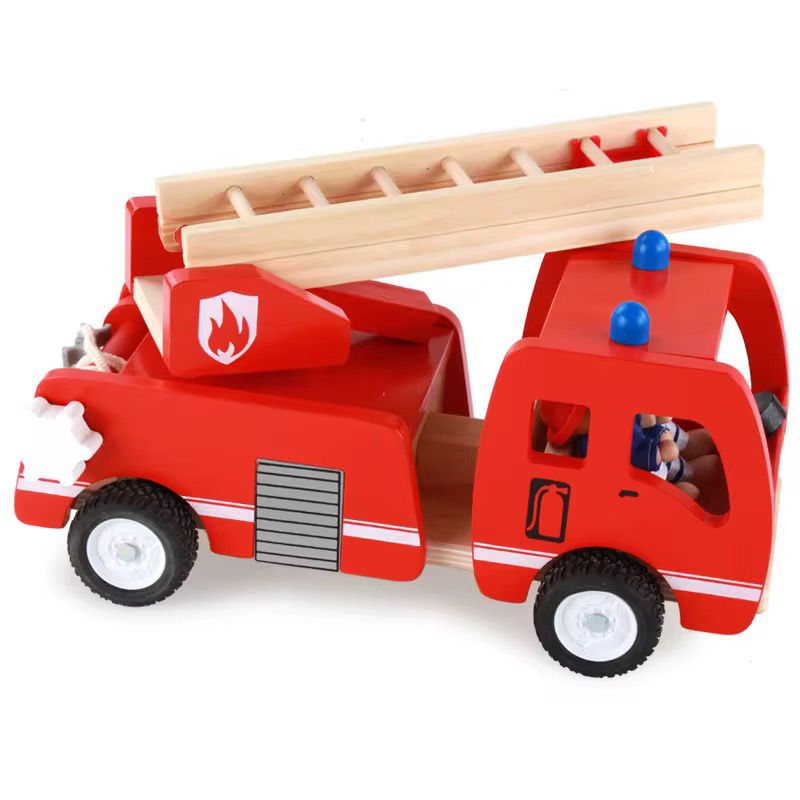 Mașină de Pompieri din Lemn cu Scară Extensibilă și Figurine