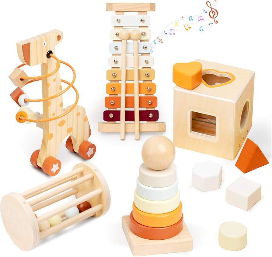 Set Montessori 6-în-1 din Lemn - Girafă, Xilofon, Turn Stivuit și Sortator