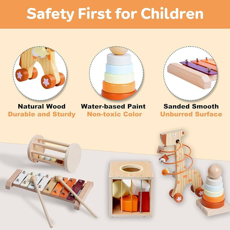 Set Montessori 6-în-1 din Lemn - Girafă, Xilofon, Turn Stivuit și Sortator